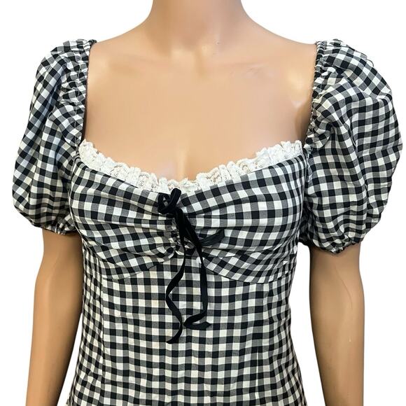 Cider Gingham Milkmaid Mini Dress Large Puff Sleeve Bow Coquette Cottagecore - Picture 2 of 10